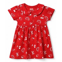 Babyhug 100% Cotton Single Jersey Knit Half Sleeves Peter Pan Collared Floral Printed Frock with Bloomer - Red