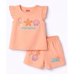 Babyhug Cotton Knit Sleeveless Top & Shorts Night-Suit With Sea Life Print - Dark Peach