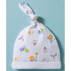 Babyhug 100% Cotton Interlock Knit Cap With Animal Print Pack of 2 White- Diameter 15 cm