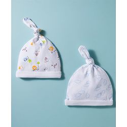 Babyhug 100% Cotton Interlock Knit Cap With Animal Print Pack of 2 White- Diameter 15 cm