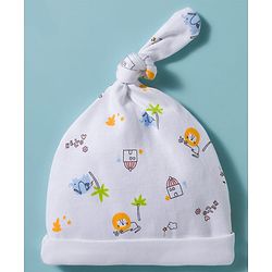 Babyhug 100% Cotton Interlock Knit Cap With Animal Print Pack of 2 White- Diameter 15 cm