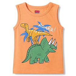 Babyhug Cotton Knit Sleeveless T-Shirt & Shorts Night Suit with Dino Print - Orange