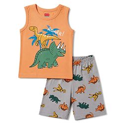 Babyhug Cotton Knit Sleeveless T-Shirt & Shorts Night Suit with Dino Print - Orange
