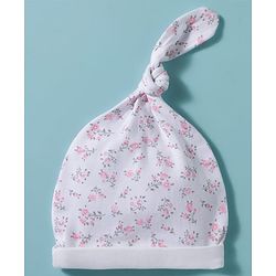 Babyhug 100% Cotton Interlock Knit Baby Caps With Floral Print Pack of 2 White- Diameter 17 cm