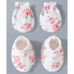 Babyhug 100% Cotton Interlock Knit Mittens & Booties Set With Floral Print - Off White
