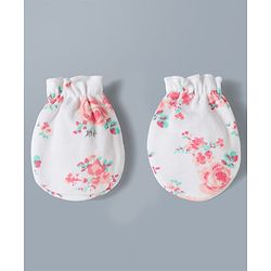 Babyhug 100% Cotton Interlock Knit Mittens & Booties Set With Floral Print - Off White