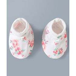 Babyhug 100% Cotton Interlock Knit Mittens & Booties Set With Floral Print - Off White
