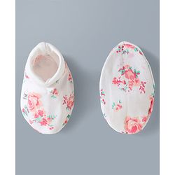 Babyhug 100% Cotton Interlock Knit Mittens & Booties Set With Floral Print - Off White