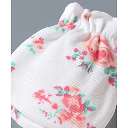 Babyhug 100% Cotton Interlock Knit Mittens & Booties Set With Floral Print - Off White