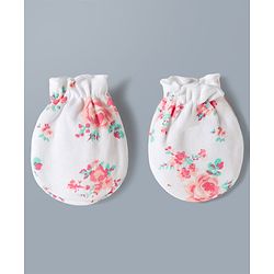 Babyhug 100% Cotton Interlock Knit Mittens & Booties Set With Floral Print - Off White