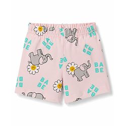 Babyhug Cotton Knit Half Sleeves Elephant & Floral Printed  T-Shirt & Shorts Night Suit - Pink