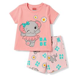 Babyhug Cotton Knit Half Sleeves Elephant & Floral Printed  T-Shirt & Shorts Night Suit - Pink