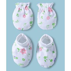 Babyhug 100% Cotton Interlock Knit Mittens & Booties With Floral Print - Multicolor