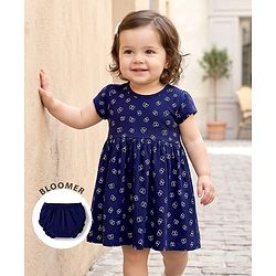 Babyhug Single Jersey Knit Half Sleeves Frock With Butterfly Print & Bloomer - Navy Blue