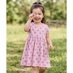 Babyhug Single Jersey Knit Half Sleeves Floral Printed Frock With Bloomer - Pink
