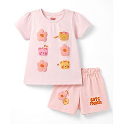 Babyhug Half Sleeves T-Shirt & Shorts Night Suit With Floral Print - Peach