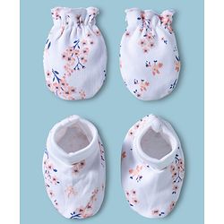 Babyhug 100% Cotton Interlock Knit Mittens & Booties With Floral Print - Multicolor