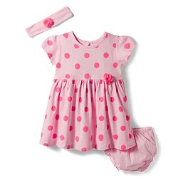 Babyhug Single Jersey Knit Half Sleeves Polka Dot Printed Frock With Bloomer & Headband - Pink