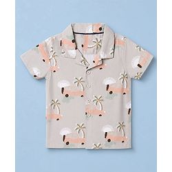 Babyhug 100% Cotton Woven Half Sleeves Shirt with Tropical & Vehicle Print - Light Peach