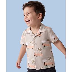 Babyhug 100% Cotton Woven Half Sleeves Shirt with Tropical & Vehicle Print - Light Peach