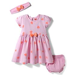 Babyhug Single Jersey Knit Half Sleeves Heart Printed Frock with Bow Applique Bloomer & Headband - Pink
