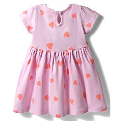 Babyhug Single Jersey Knit Half Sleeves Heart Printed Frock with Bow Applique Bloomer & Headband - Pink
