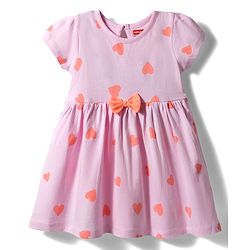 Babyhug Single Jersey Knit Half Sleeves Heart Printed Frock with Bow Applique Bloomer & Headband - Pink