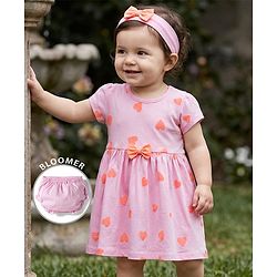 Babyhug Single Jersey Knit Half Sleeves Heart Printed Frock with Bow Applique Bloomer & Headband - Pink