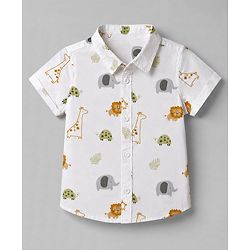 Babyhug 100% Cotton Woven Half Sleeves Shirt with Animal Print - White