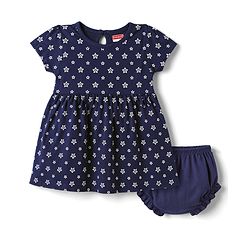 Babyhug Single Jersey Knit Half Sleeves Star Printed Frock With Bloomer - Navy Blue