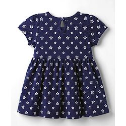 Babyhug Single Jersey Knit Half Sleeves Star Printed Frock With Bloomer - Navy Blue