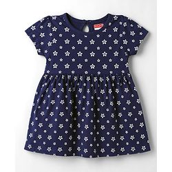 Babyhug Single Jersey Knit Half Sleeves Star Printed Frock With Bloomer - Navy Blue