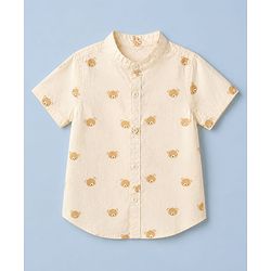 Babyhug 100% Cotton Woven Half Sleeves Shirt with Bear Print in Offwhite