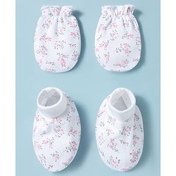 Babyhug 100% Cotton Interlock Knit Mittens & Booties Set With Floral Print - White