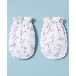 Babyhug 100% Cotton Interlock Knit Mittens & Booties Set With Floral Print - White