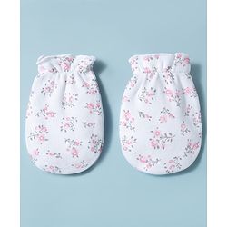 Babyhug 100% Cotton Interlock Knit Mittens & Booties Set With Floral Print - White
