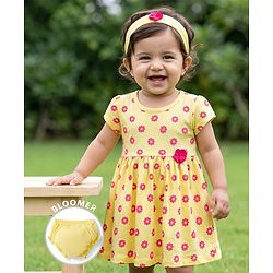 Babyhug Single Jersey Knit Half Sleeves Floral Printed Frock With Bloomer & Headband - Yellow