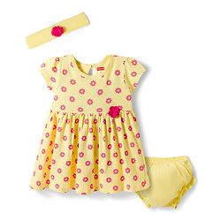 Babyhug Single Jersey Knit Half Sleeves Floral Printed Frock With Bloomer & Headband - Yellow
