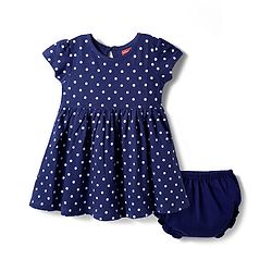 Babyhug Single Jersey Knit Half Sleeves Frock With Polka Dot Print & Bloomer - Navy Blue