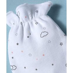 Babyhug 100% Cotton Interlock Knit Mittens & Booties Set With Clouds Print - White