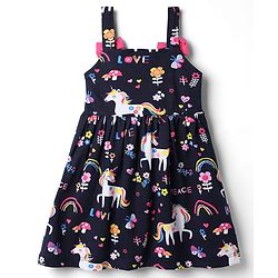 Babyhug Cotton Single Jersey Knit Sleeveless Dress with Unicorn & Floral Print with Bow - Navy Blue