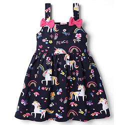 Babyhug Cotton Single Jersey Knit Sleeveless Dress with Unicorn & Floral Print with Bow - Navy Blue