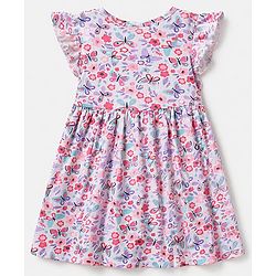 Babyhug Cotton Single Jersey Knee Length Frocks with Frill Sleeves and Butterfly and Floral Print in Pink
