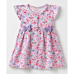 Babyhug Cotton Single Jersey Knee Length Frocks with Frill Sleeves and Butterfly and Floral Print in Pink