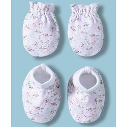 Babyhug 100% Cotton Interlock Knit Mittens & Booties With Floral & Bunny Print - Multicolor