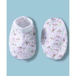 Babyhug 100% Cotton Interlock Knit Mittens & Booties With Floral & Bunny Print - Multicolor