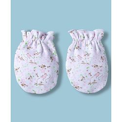 Babyhug 100% Cotton Interlock Knit Mittens & Booties With Floral & Bunny Print - Multicolor