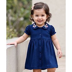 Babyhug Cotton Knit Half Sleeves Floral Embroidered Frock With Bloomer - Navy Blue