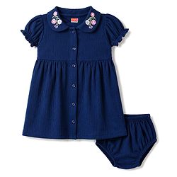 Babyhug Cotton Knit Half Sleeves Floral Embroidered Frock With Bloomer - Navy Blue