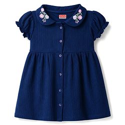 Babyhug Cotton Knit Half Sleeves Floral Embroidered Frock With Bloomer - Navy Blue